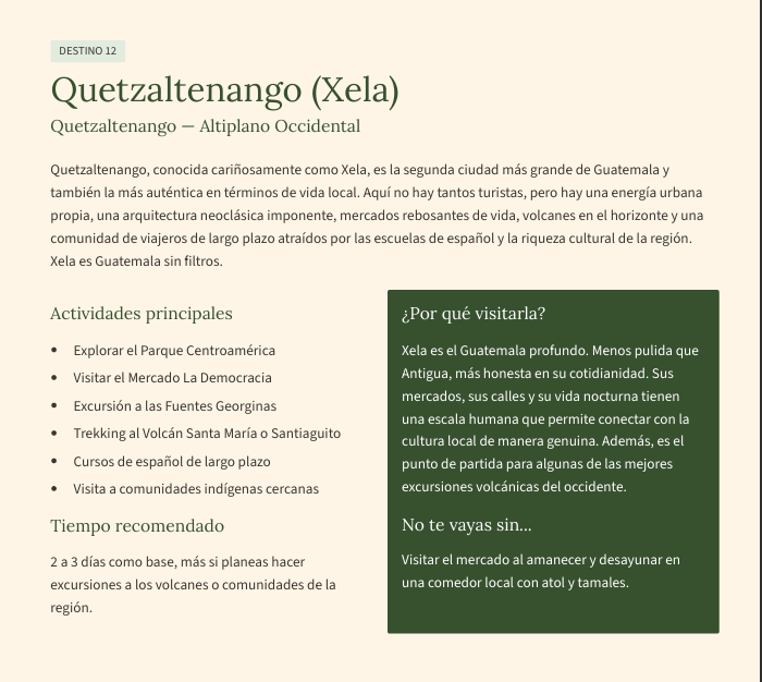 Ficha de destino con actividades y tiempo recomendado